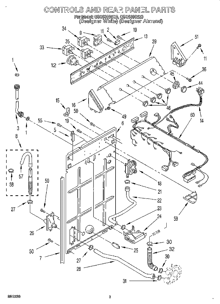 CONTROLS AND REAR PANEL Diagram and Parts List for GSQ9300EQ0  Whirlpool Washer