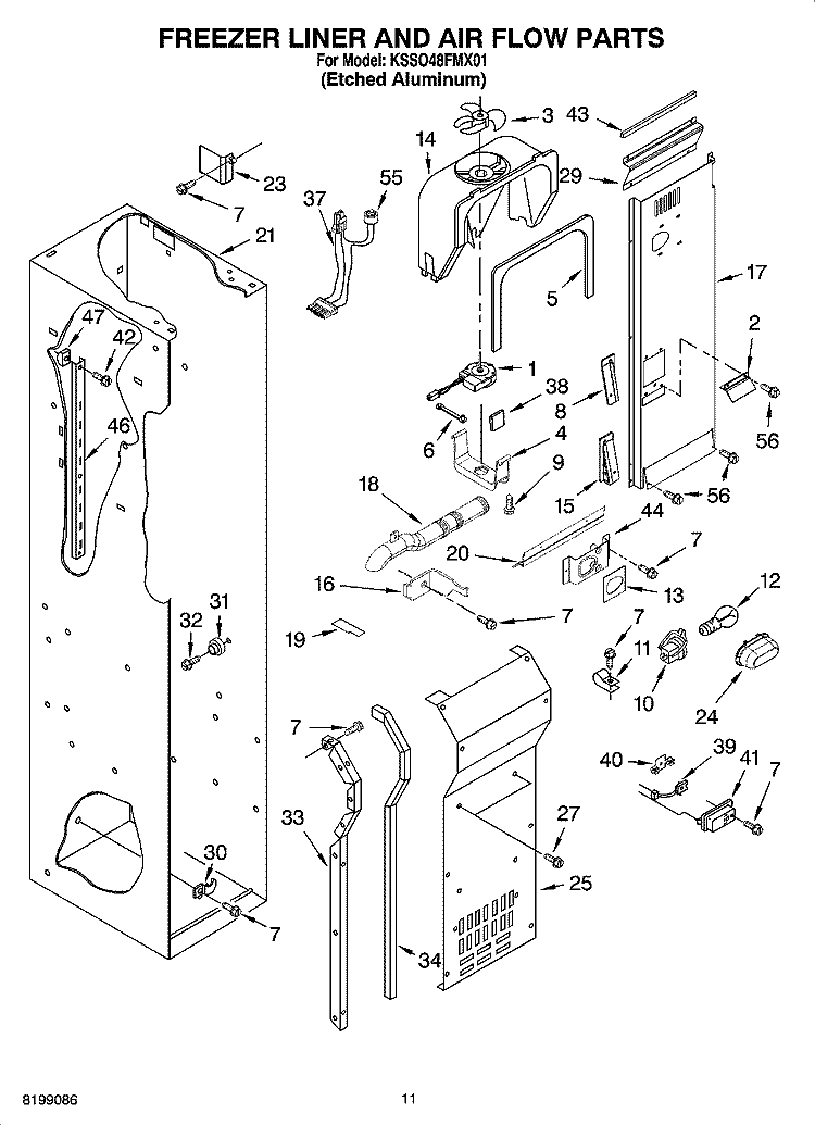 FREEZER LINER AND AIR FLOW PARTS Diagram and Parts List for KSSO48FMX01  KitchenAid Refrigerator