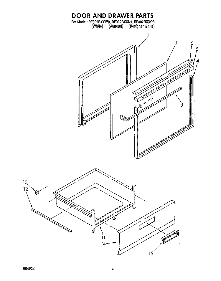 DOOR AND DRAWER Diagram and Parts List for RF302BXXW0  Whirlpool Range