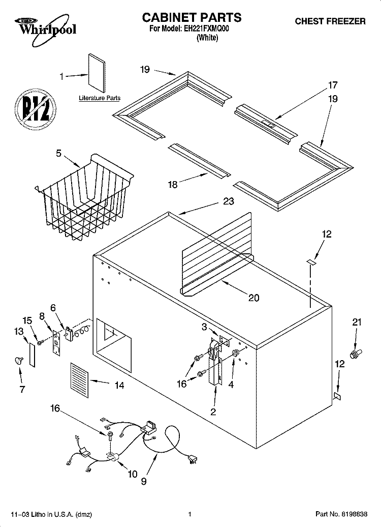 CABINET PARTS Diagram and Parts List for EH221FXMQ00  Whirlpool Freezer