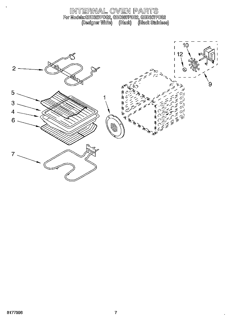 INTERNAL OVEN Diagram and Parts List for GBD307PDB2  Whirlpool Wall Oven