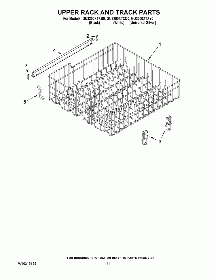 UPPER RACK AND TRACK PARTS Diagram and Parts List for GU3200XTXB0  Whirlpool Dishwasher