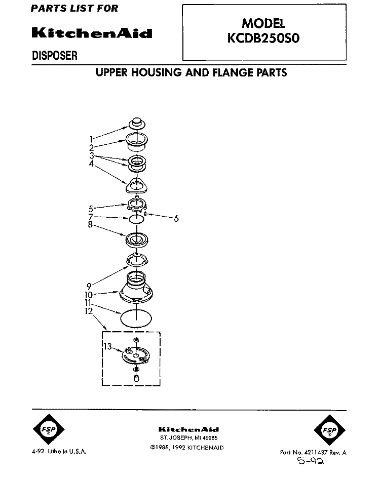 SECTION Diagram and Parts List for KCDB250S0  KitchenAid Food Waste Disposer