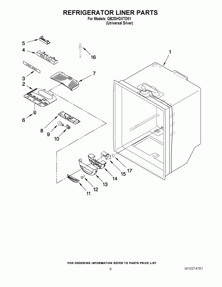 REFRIGERATOR LINER PARTS Diagram and Parts List for GB2SHDXTD01  Whirlpool Refrigerator