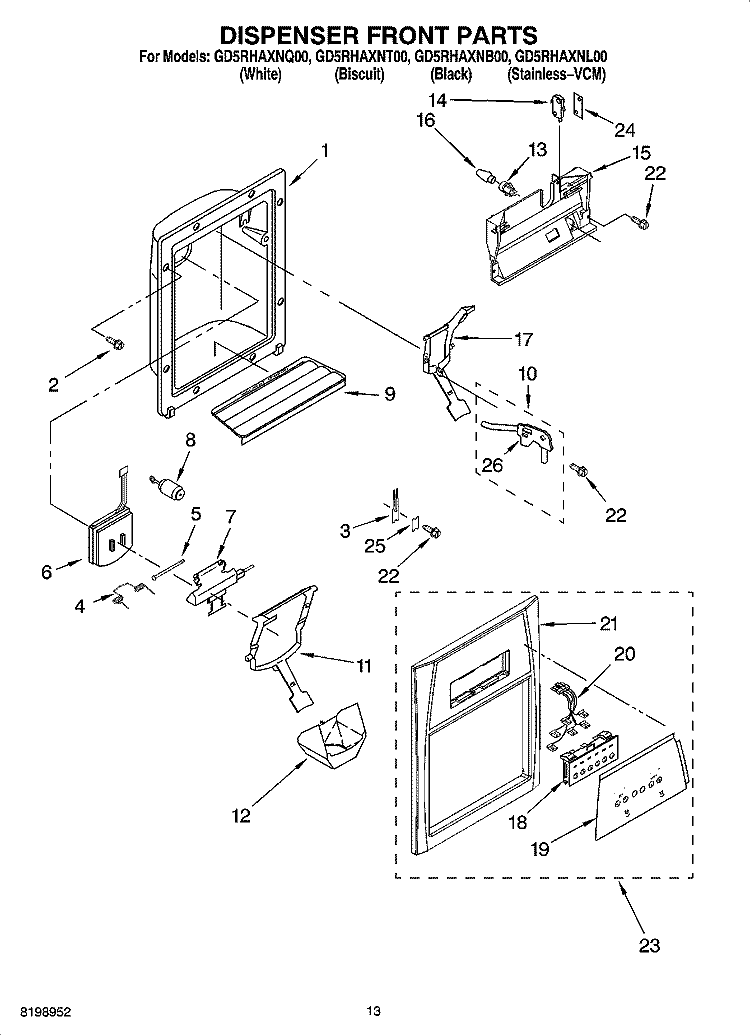 DISPENSER FRONT PARTS Diagram and Parts List for GD5RHAXNQ00  Whirlpool Refrigerator