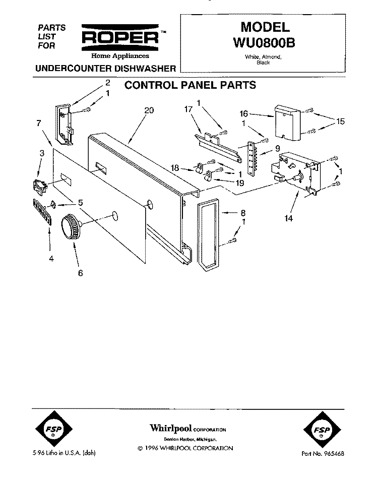 CONTROL PANEL Diagram and Parts List for WU0800B  Roper Dishwasher