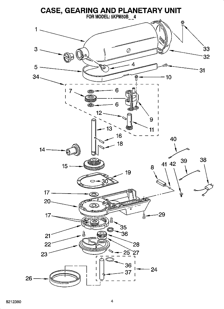 CASE, GEARING AND PLANETARY UNIT Diagram and Parts List for 5KPM50BWH4  KitchenAid Mixer