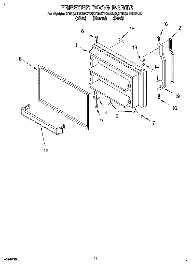 FREEZER DOOR, LIT/OPTIONAL Diagram and Parts List for KTRS21KDAL02  KitchenAid Refrigerator