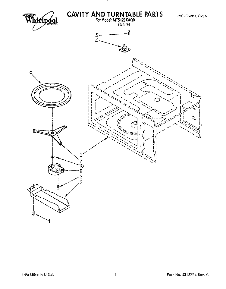 CAVITY AND TURNTABLE, LIT/OPTIONAL Diagram and Parts List for MT5120XAQ0  Whirlpool Microwave