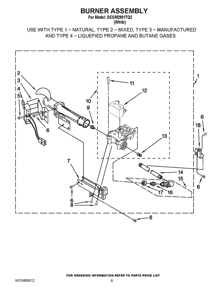 BURNER ASSEMBLY Diagram and Parts List for GCGM2991TQ2  Whirlpool Dryer