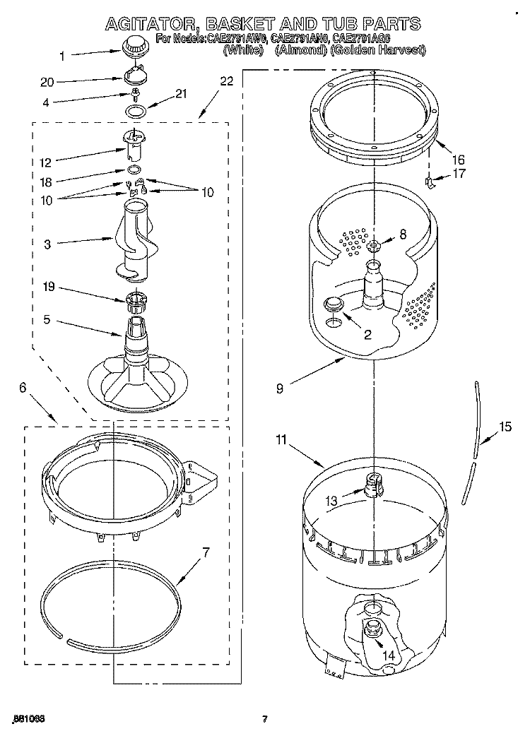 AGITATOR, BASKET AND TUB Diagram and Parts List for CAE2791AN0  Whirlpool Washer