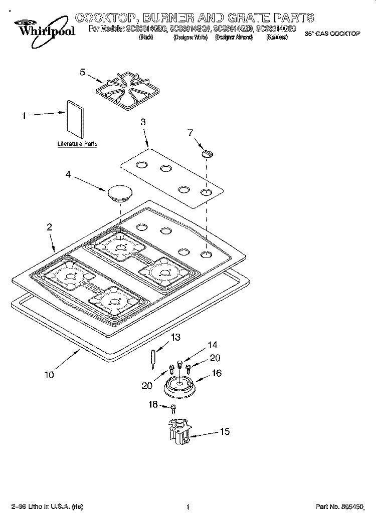 COOKTOP, BURNER AND GRATE Diagram and Parts List for SCS3614GQ0  Whirlpool Cooktop
