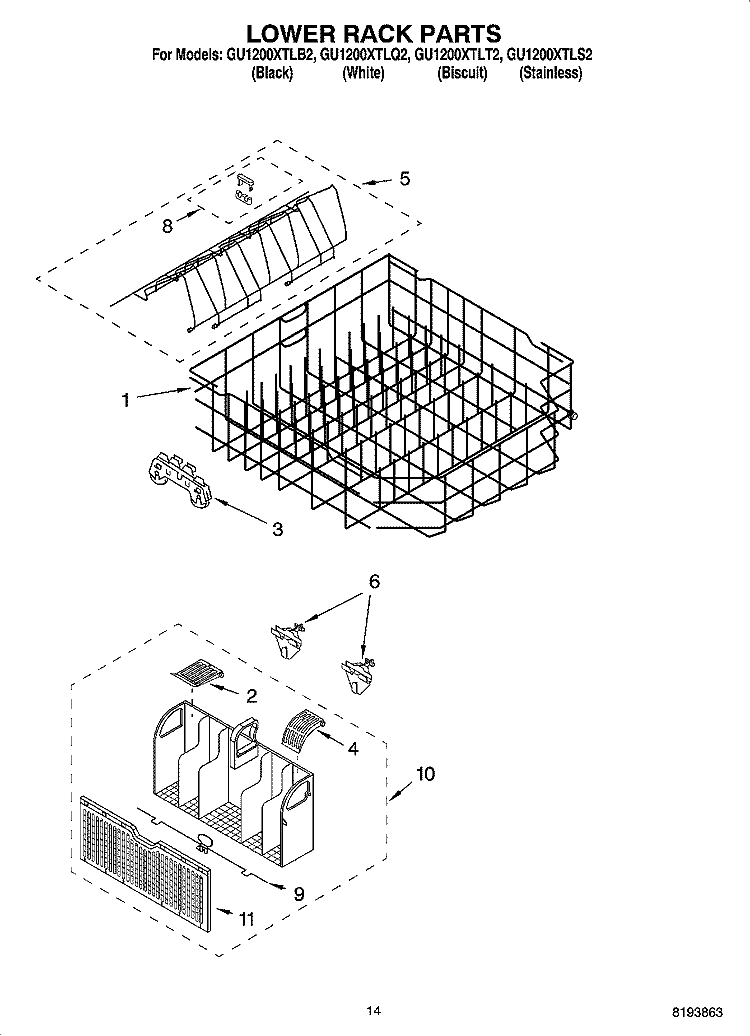 LOWER RACK PARTS Diagram and Parts List for GU1200XTLB2  Whirlpool Dishwasher