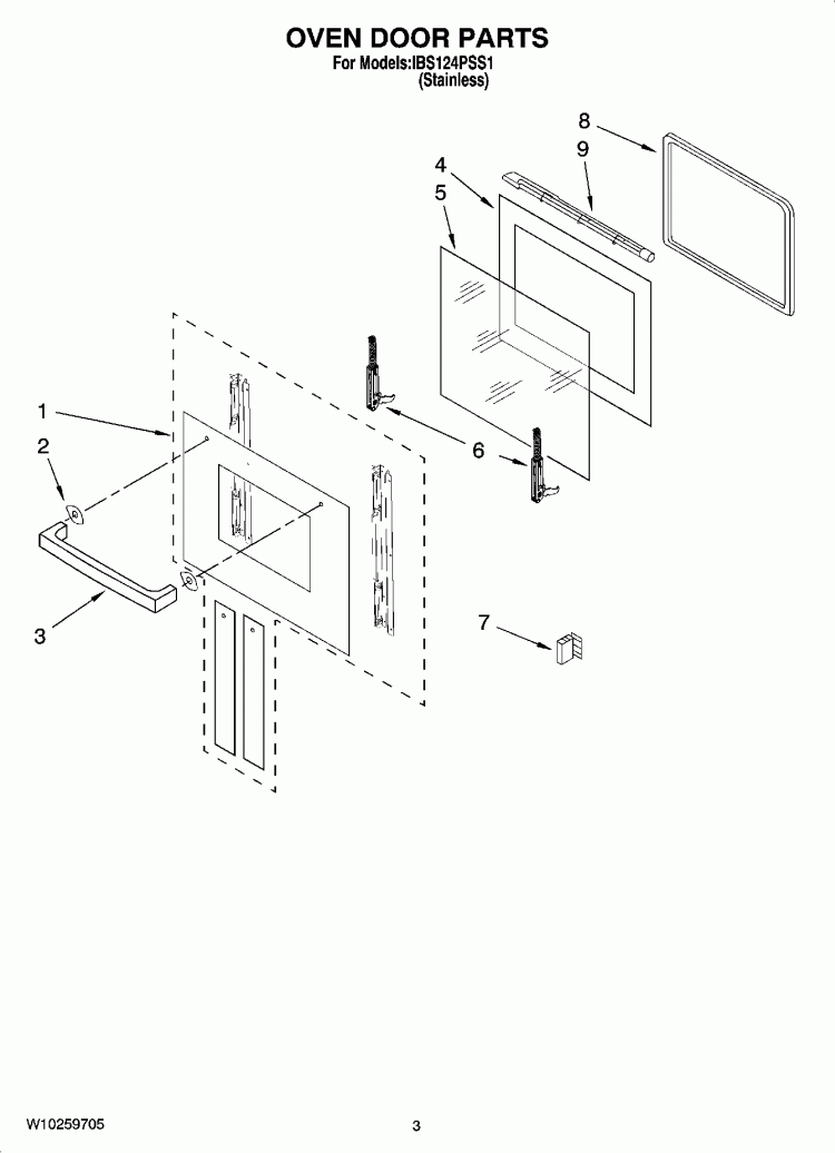OVEN DOOR PARTS Diagram and Parts List for IBS124PSS1  Whirlpool Wall Oven