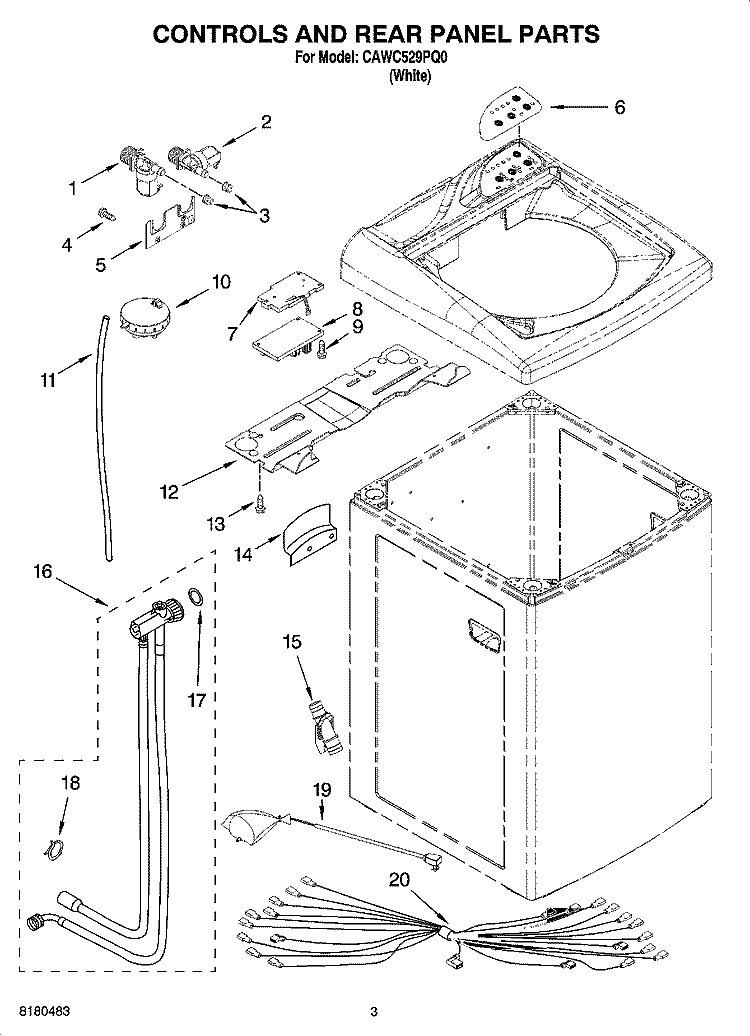 CONTROLS AND REAR PANEL PARTS Diagram and Parts List for CAWC529PQ0  Crosley Washer