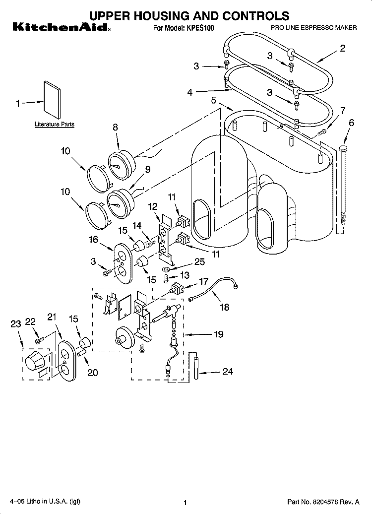 UPPER HOUSING AND CONTROLS Diagram and Parts List for KPES100  KitchenAid Coffee Maker