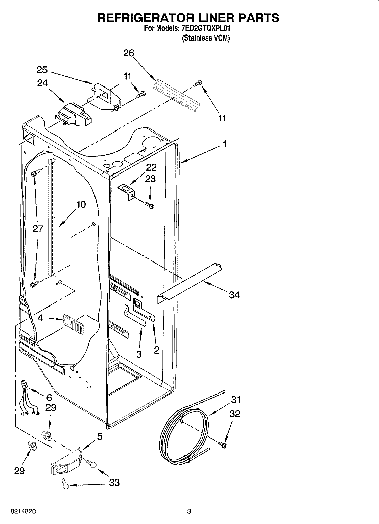 REFRIGERATOR LINER PARTS Diagram and Parts List for 7ED2GTQXPL01  Whirlpool Refrigerator