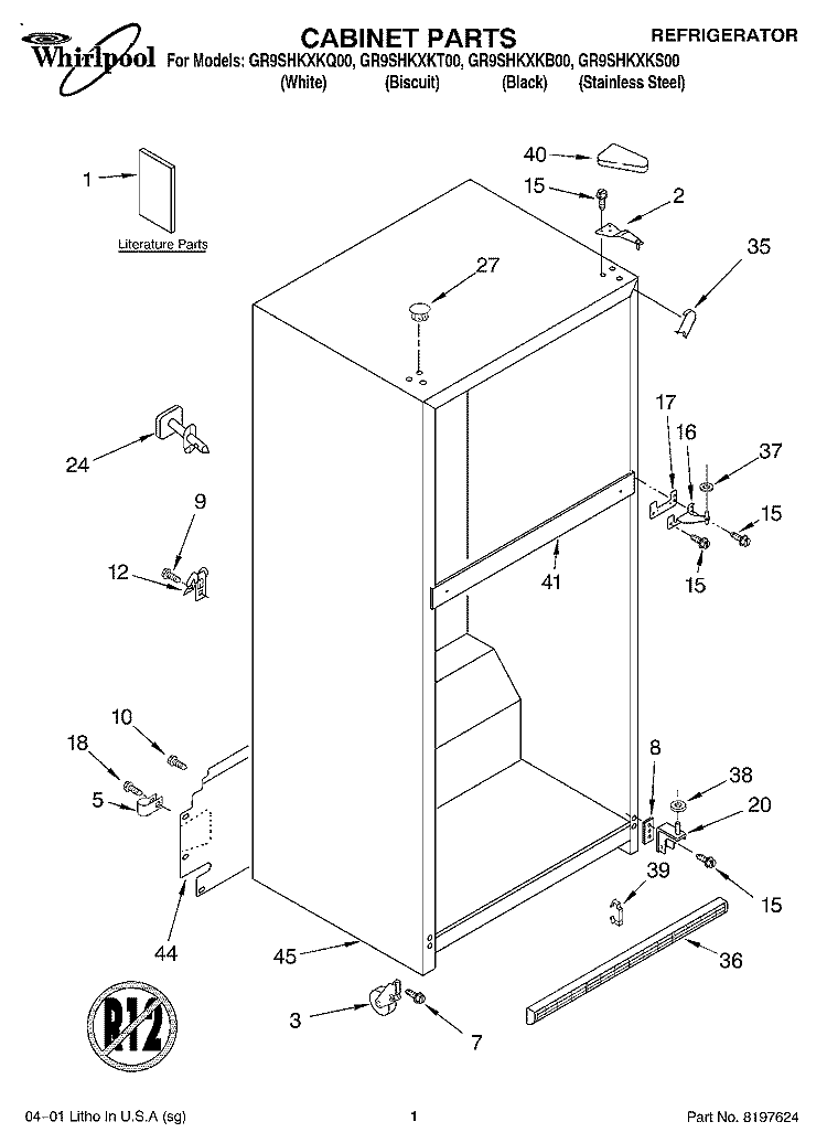 CABINET, LITERATURE Diagram and Parts List for GR9SHKXKQ00  Whirlpool Refrigerator