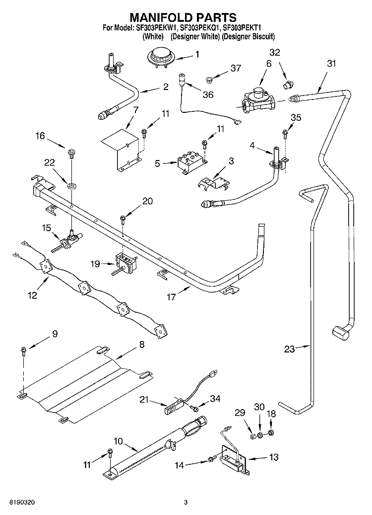 MANIFOLD PARTS Diagram and Parts List for SF303PEKT1  Whirlpool Range