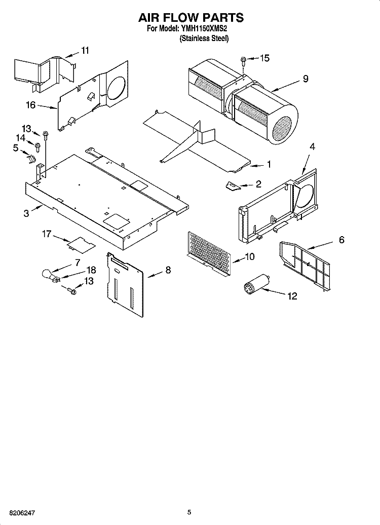 AIR FLOW PARTS Diagram and Parts List for YMH1150XMS2  Whirlpool Microwave