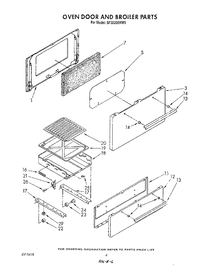 OVEN DOOR AND BROILER Diagram and Parts List for SF3020ERW5  Whirlpool Range