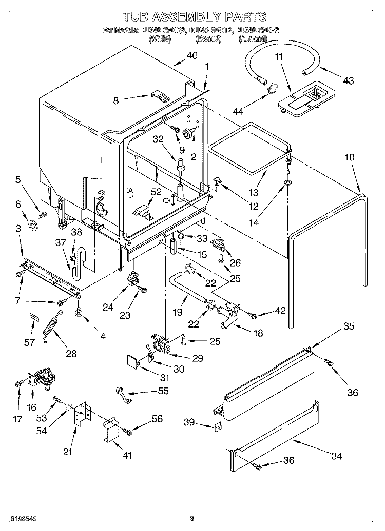 TUB ASSEMBLY Diagram and Parts List for DU840DWGZ2  Whirlpool Dishwasher