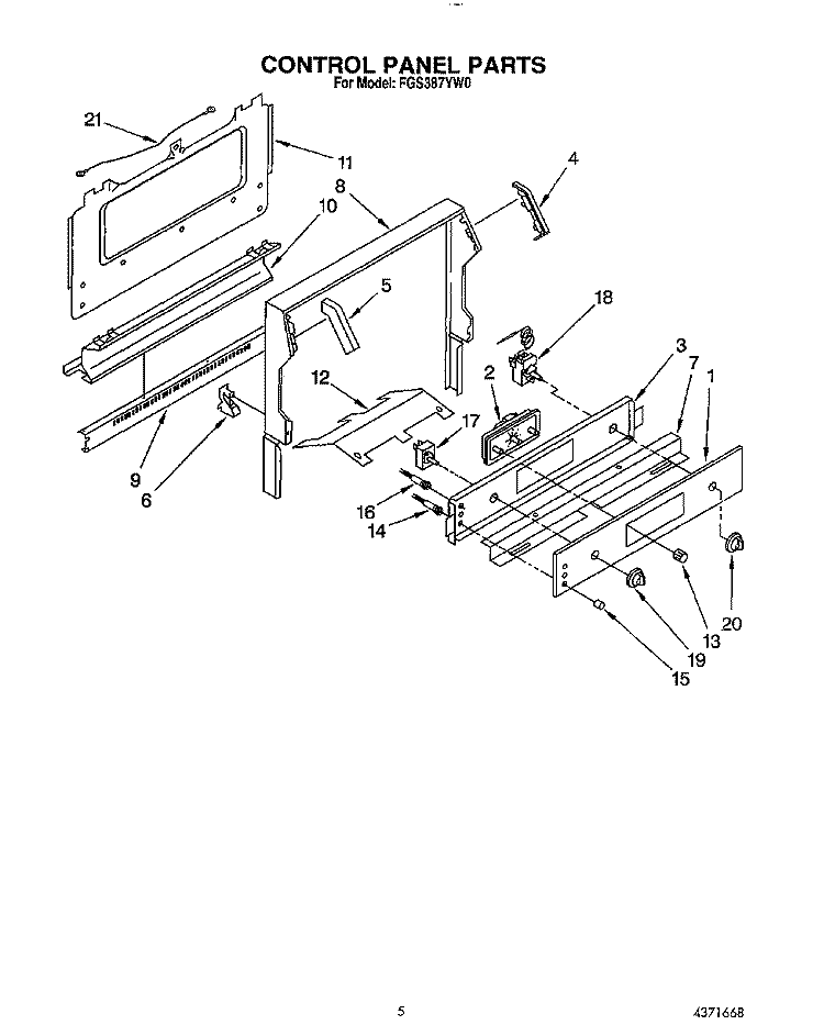 CONTROL PANEL Diagram and Parts List for FGS387YW0  Roper Range