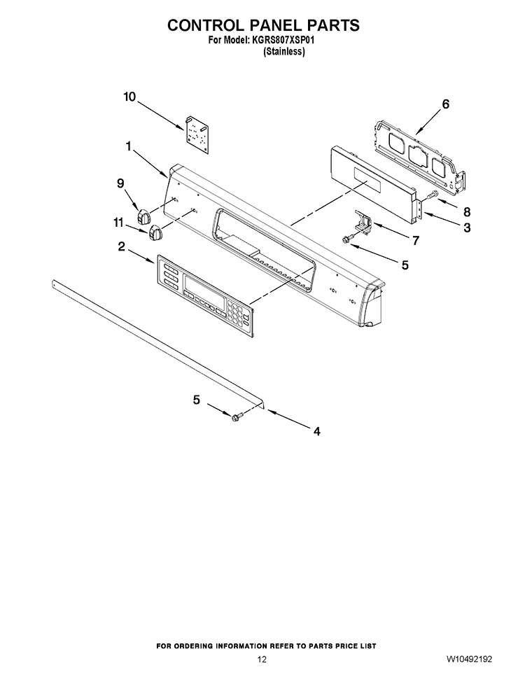 CONTROL PANEL PARTS Diagram and Parts List for KGRS807XSP01  KitchenAid Range