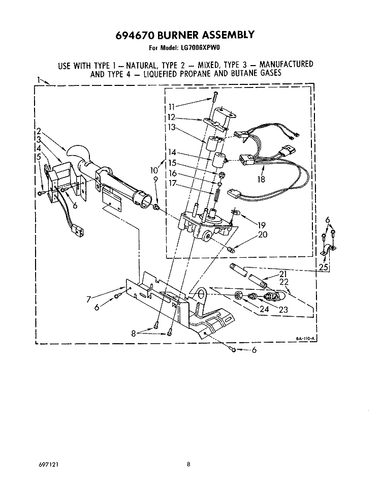 694670 BURNER Diagram and Parts List for LG7006XPW0  Whirlpool Dryer