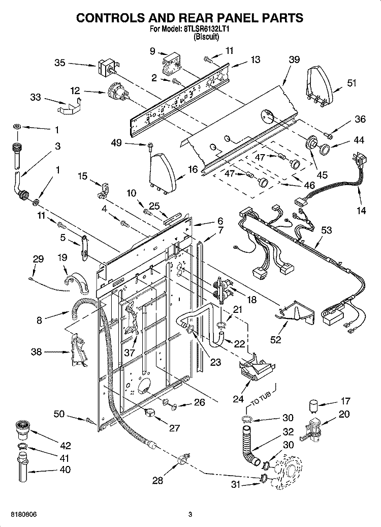 CONTROLS AND REAR PANEL PARTS Diagram and Parts List for 8TLSR6132LT1  Whirlpool Washer