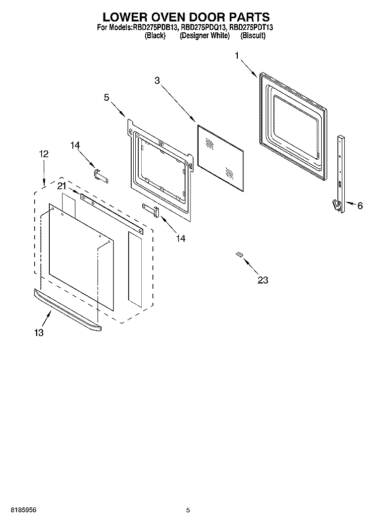 LOWER OVEN DOOR Diagram and Parts List for RBD275PDT13  Whirlpool Wall Oven