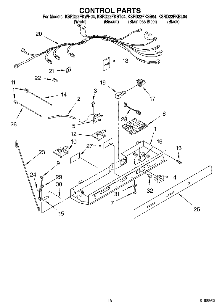 CONTROL PARTS Diagram and Parts List for KSRD22FKBL04  KitchenAid Refrigerator