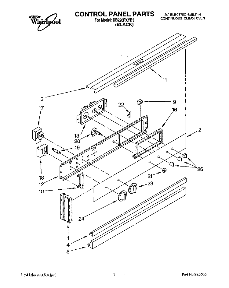 CONTROL PANEL Diagram and Parts List for RB220PXYB3  Whirlpool Wall Oven