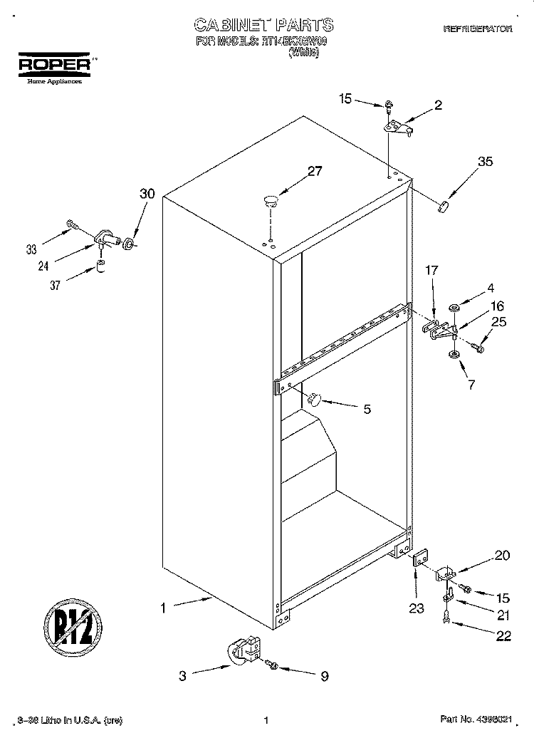 CABINET Diagram and Parts List for RT14BKXGW00  Roper Refrigerator