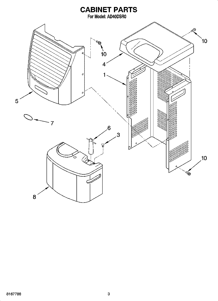 CABINET PARTS Diagram and Parts List for AD40DSR0  Whirlpool Dehumidifier