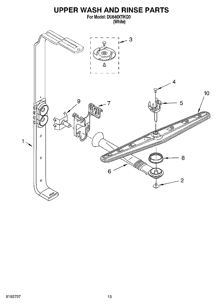 UPPER WASH AND RINSE Diagram and Parts List for DU640XTKQ0  Whirlpool Dishwasher