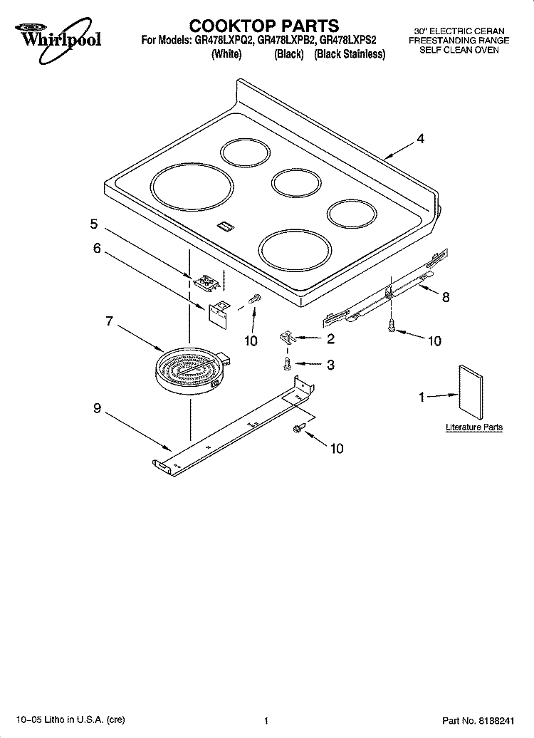 COOKTOP PARTS Diagram and Parts List for GR478LXPS2  Whirlpool Range