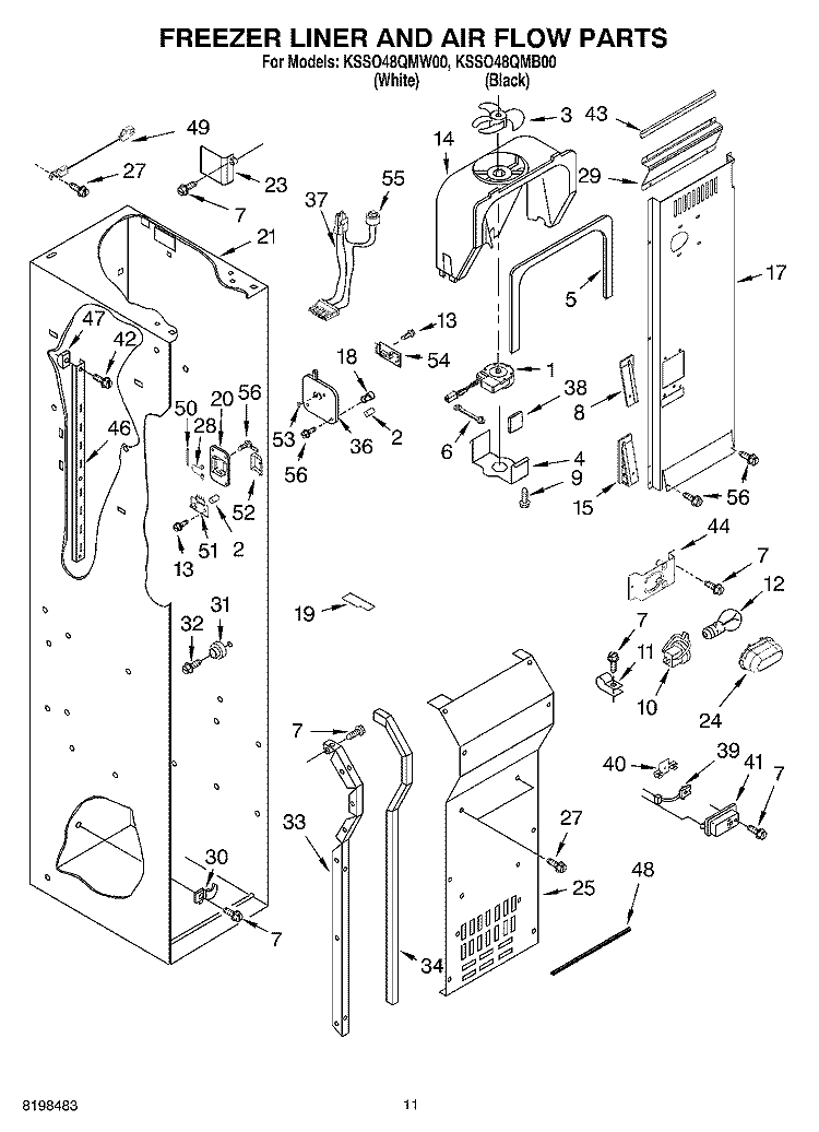 FREEZER LINER AND AIR FLOW PARTS Diagram and Parts List for KSSO48QMW00  KitchenAid Refrigerator