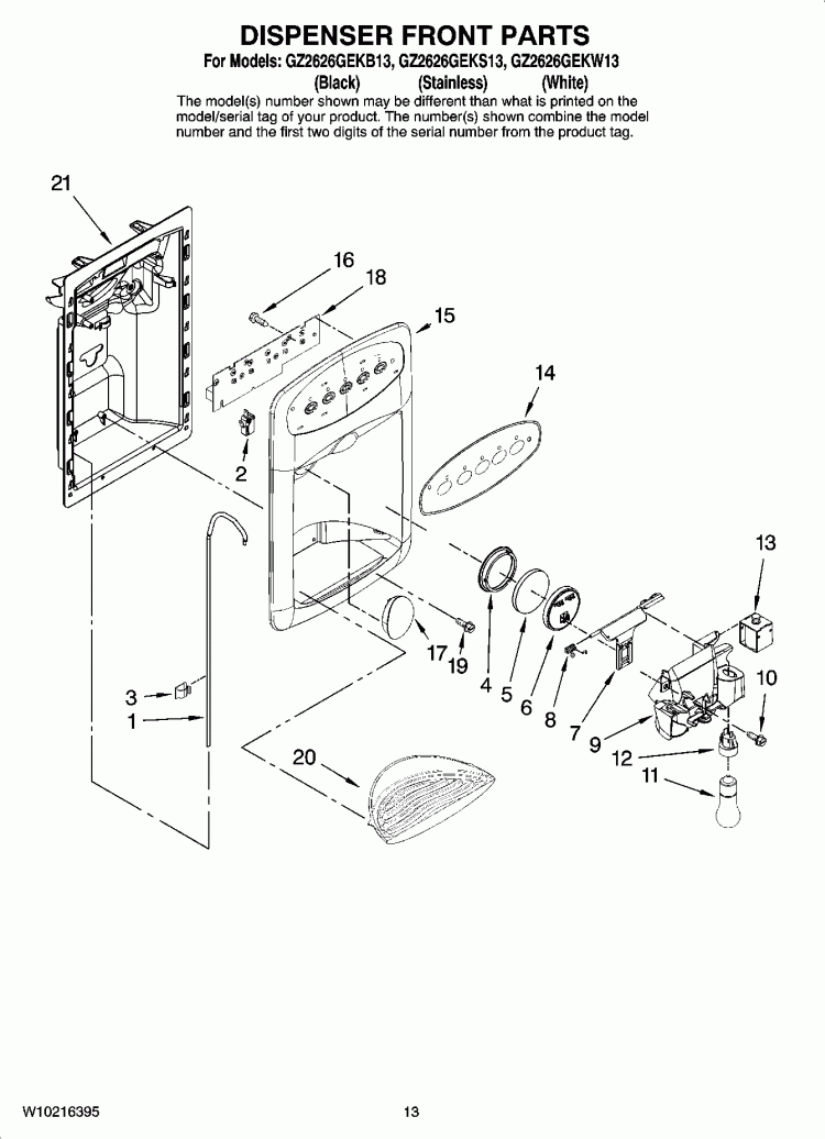DISPENSER FRONT PARTS Diagram and Parts List for GZ2626GEKB13  Maytag Refrigerator