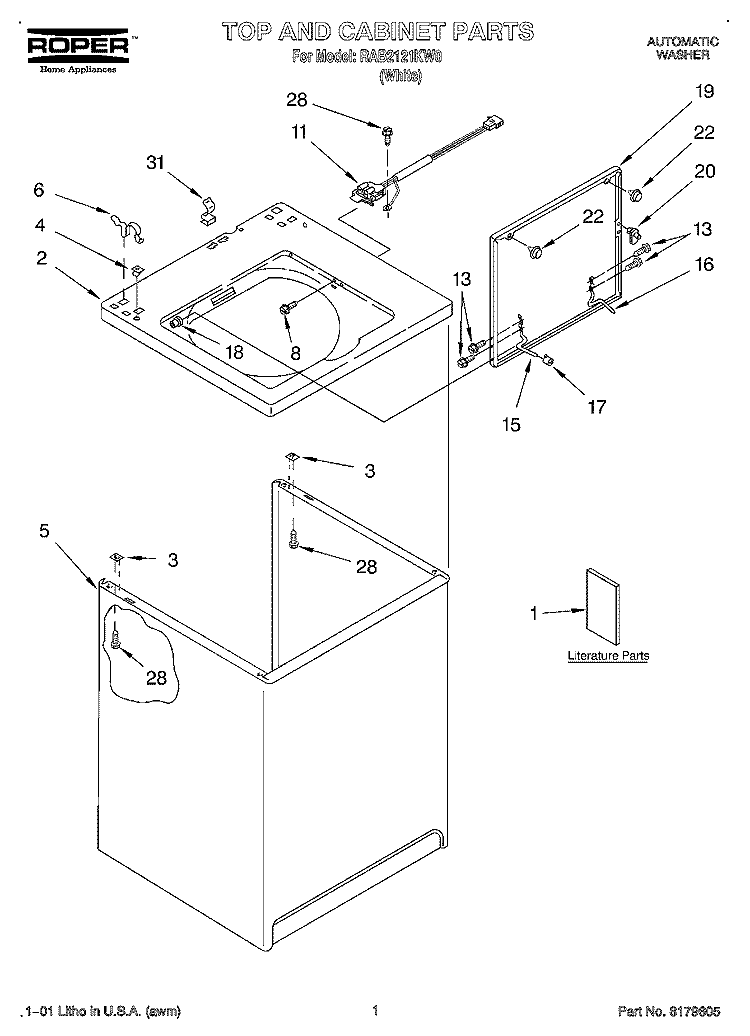 TOP AND CABINET, LITERATURE Diagram and Parts List for RAB2121KW0  Roper Washer