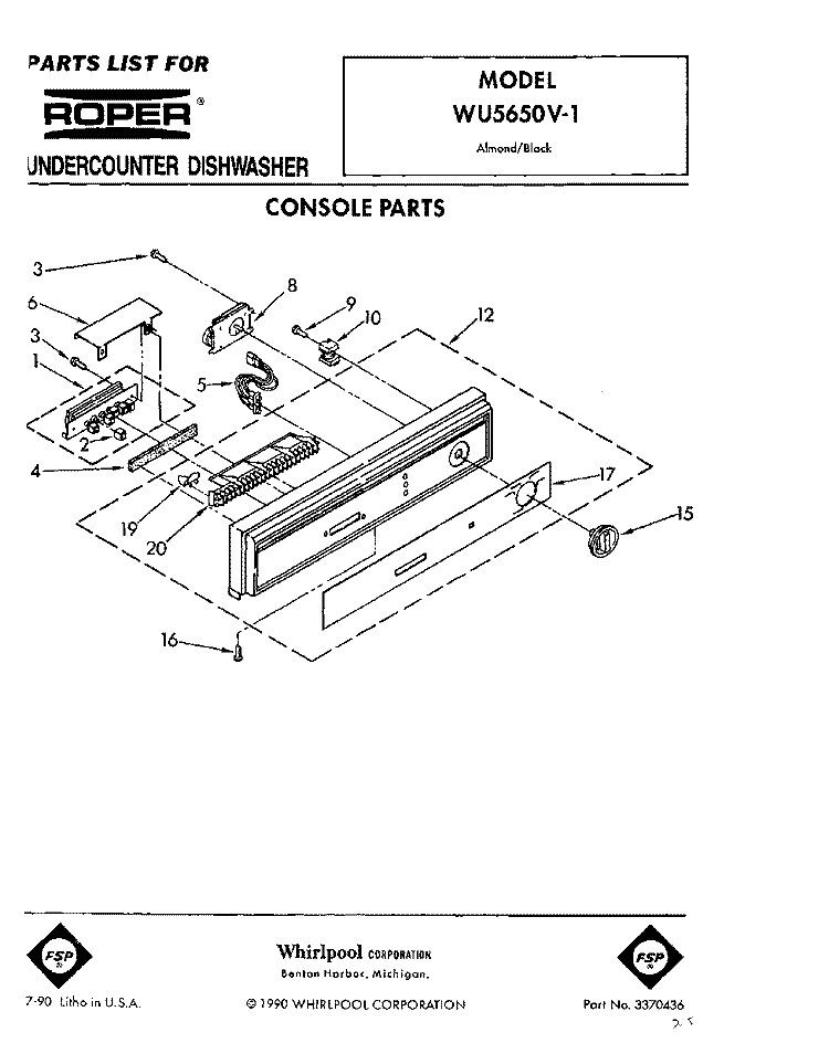 CONSOLE Diagram and Parts List for WU5650V1  Roper Dishwasher