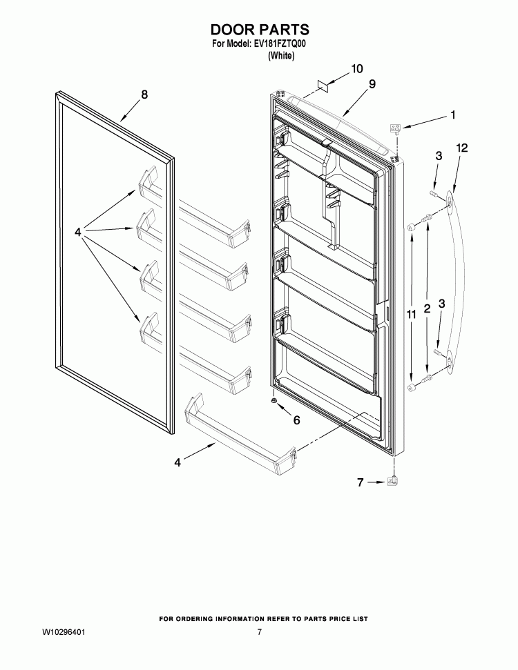 DOOR PARTS Diagram and Parts List for EV181FZTQ00  Whirlpool Freezer