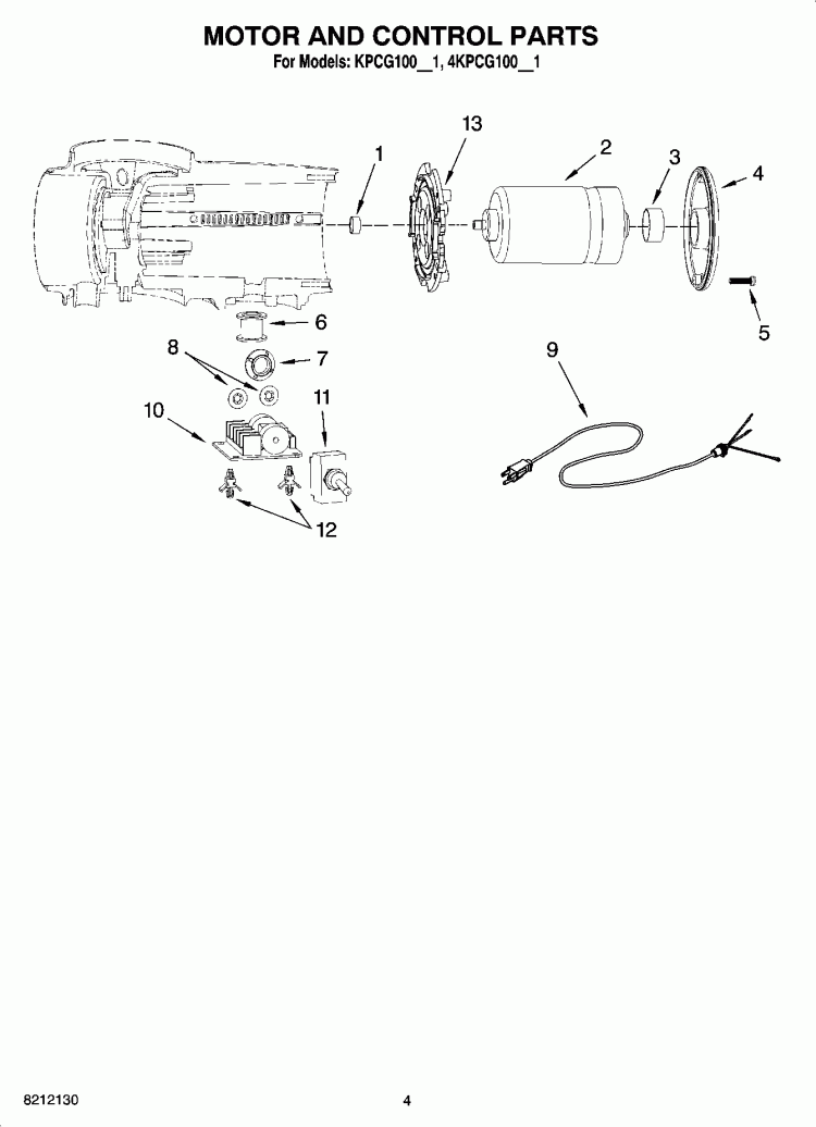 MOTOR AND CONTROL PARTS Diagram and Parts List for KPCG100ER1  KitchenAid Coffee Grinder