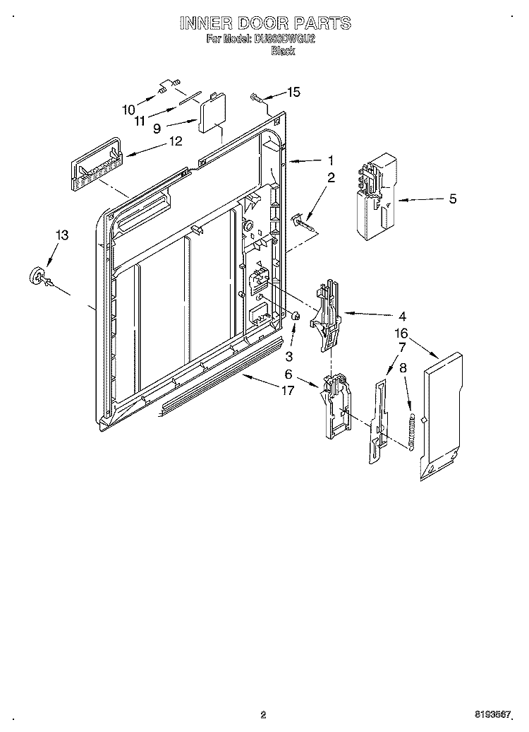 INNER DOOR Diagram and Parts List for DU800DWGU2  Whirlpool Dishwasher