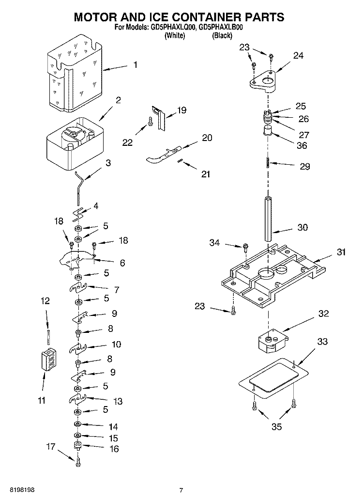MOTOR AND ICE CONTAINER Diagram and Parts List for GD5PHAXLB00  Whirlpool Refrigerator