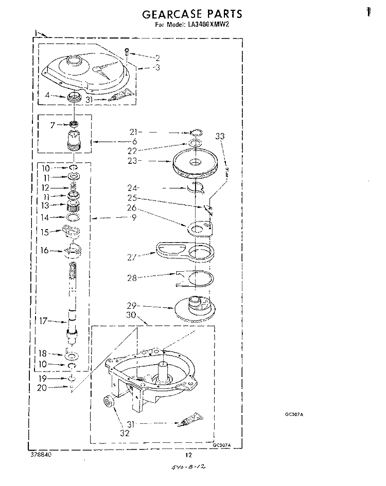GEARCASE Diagram and Parts List for LA3400XMW2  Whirlpool Washer