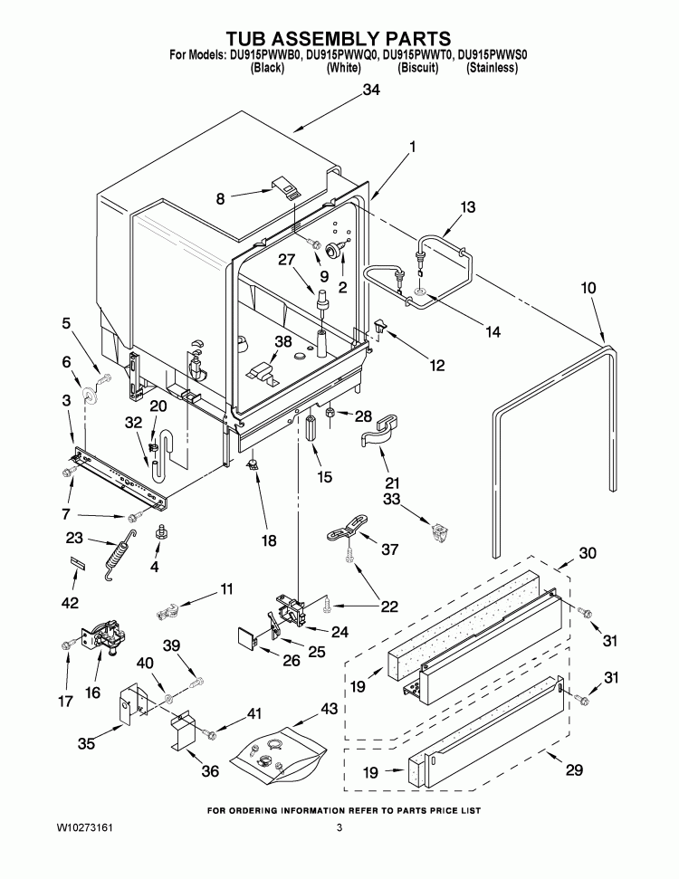 TUB ASSEMBLY PARTS Diagram and Parts List for DU915PWWB0  Whirlpool Dishwasher