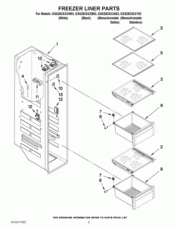 FREEZER LINER PARTS Diagram and Parts List for GSS26C5XXA03  Whirlpool Refrigerator