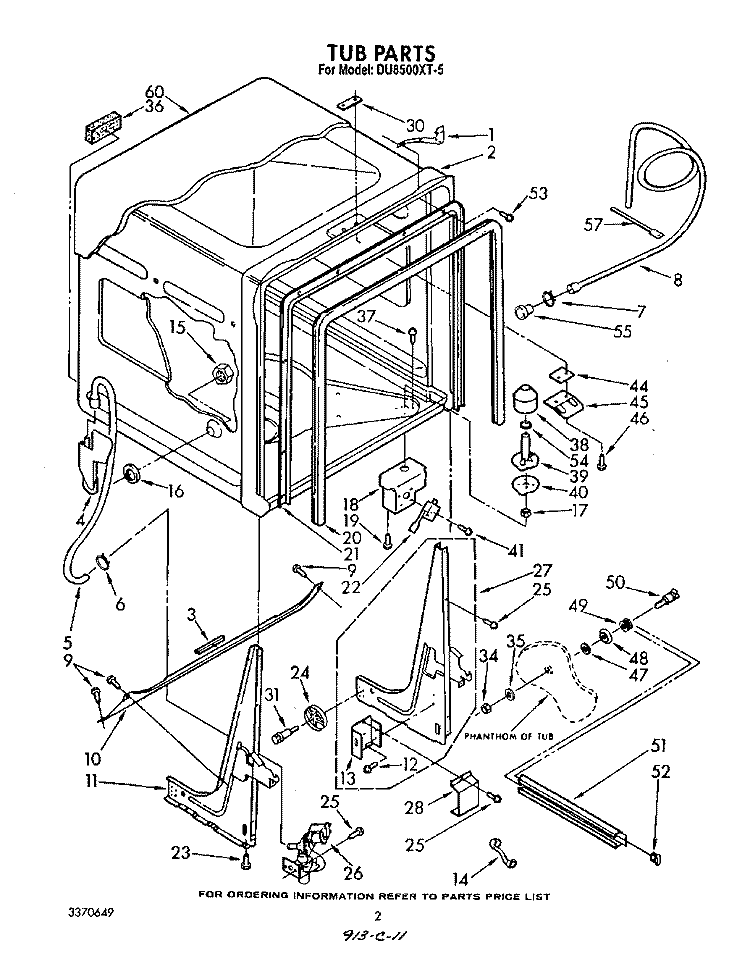 TUB , LITERATURE AND OPTIONAL Diagram and Parts List for DU8500XT5  Whirlpool Dishwasher