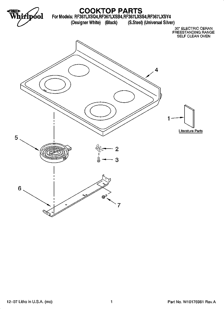 COOKTOP PARTS Diagram and Parts List for RF367LXSS4  Whirlpool Range